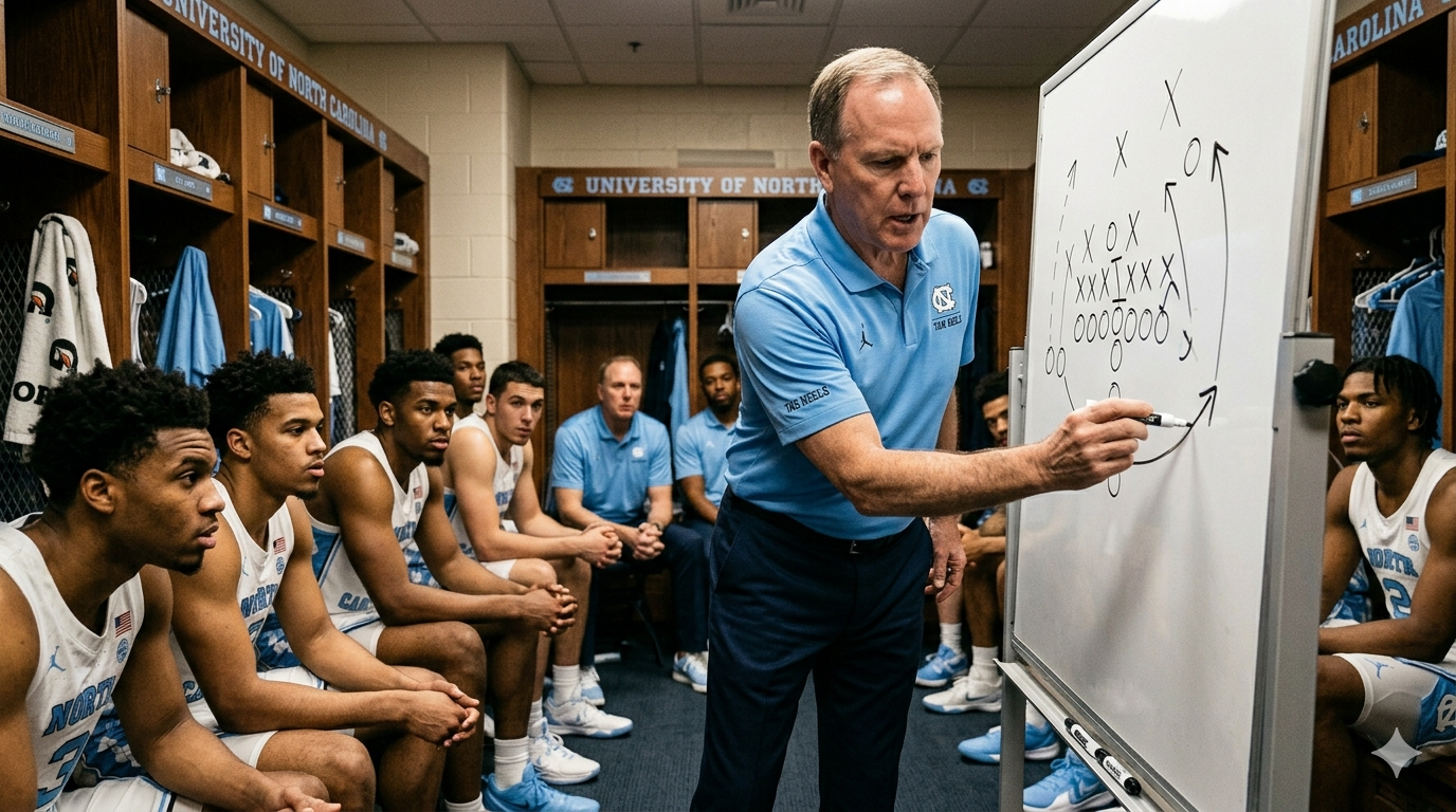 UNC basketball coach drawing up plays in locker room