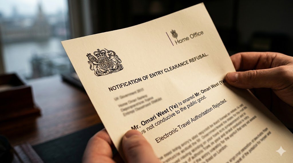 A close-up, dramatic shot showing a hand holding an official UK Home Office letter. The letterhead is visible, and the first paragraph clearly reads "Notification of Entry Clearance Refusal," citing that the presence of 'Mr. Omari West (Ye)' is not conducive to the public good.
