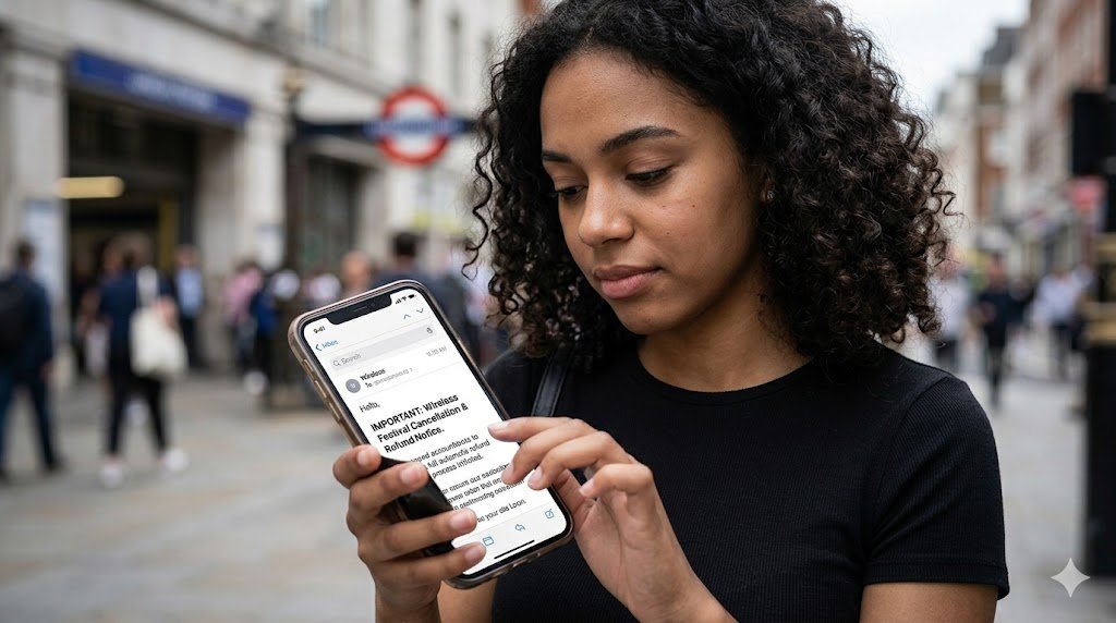 A candid, close-up photograph capturing a young woman looking at her smartphone. Her expression is disappointed. The phone screen displays an email confirmation with a clear headline: "IMPORTANT: Wireless Festival Cancellation and Refund Notice." Her thumb rests near a 'full automatic refund' message.