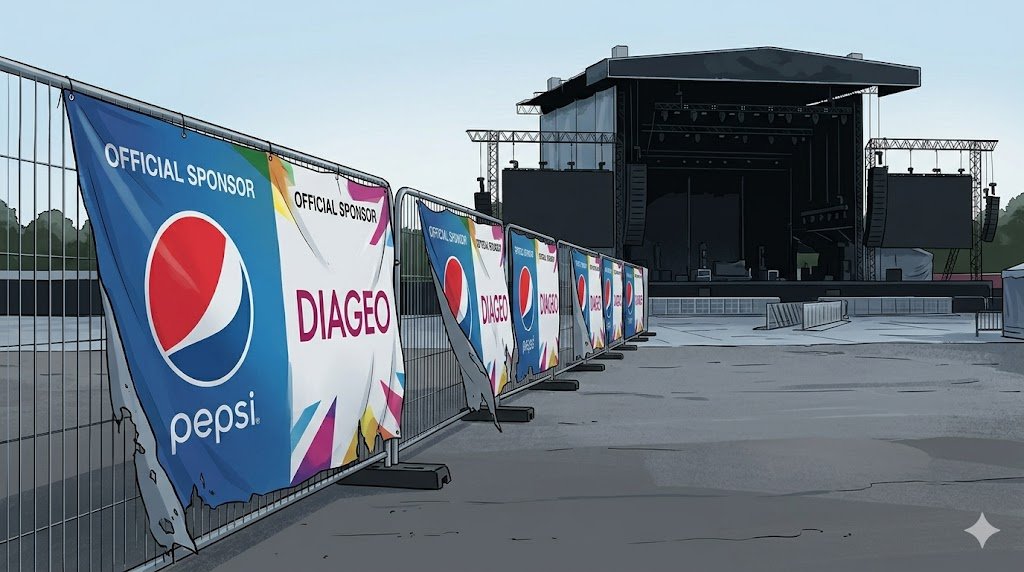 An illustration showing the perimeter fencing of the Wireless Festival site in Finsbury Park. Large, official sponsor banners, specifically the distinctive 'Pepsi' and 'Diageo' logos, are visibly sagging and peeling away from the metal mesh, revealing empty, grey ground behind them. The lighting is cold and diffused.