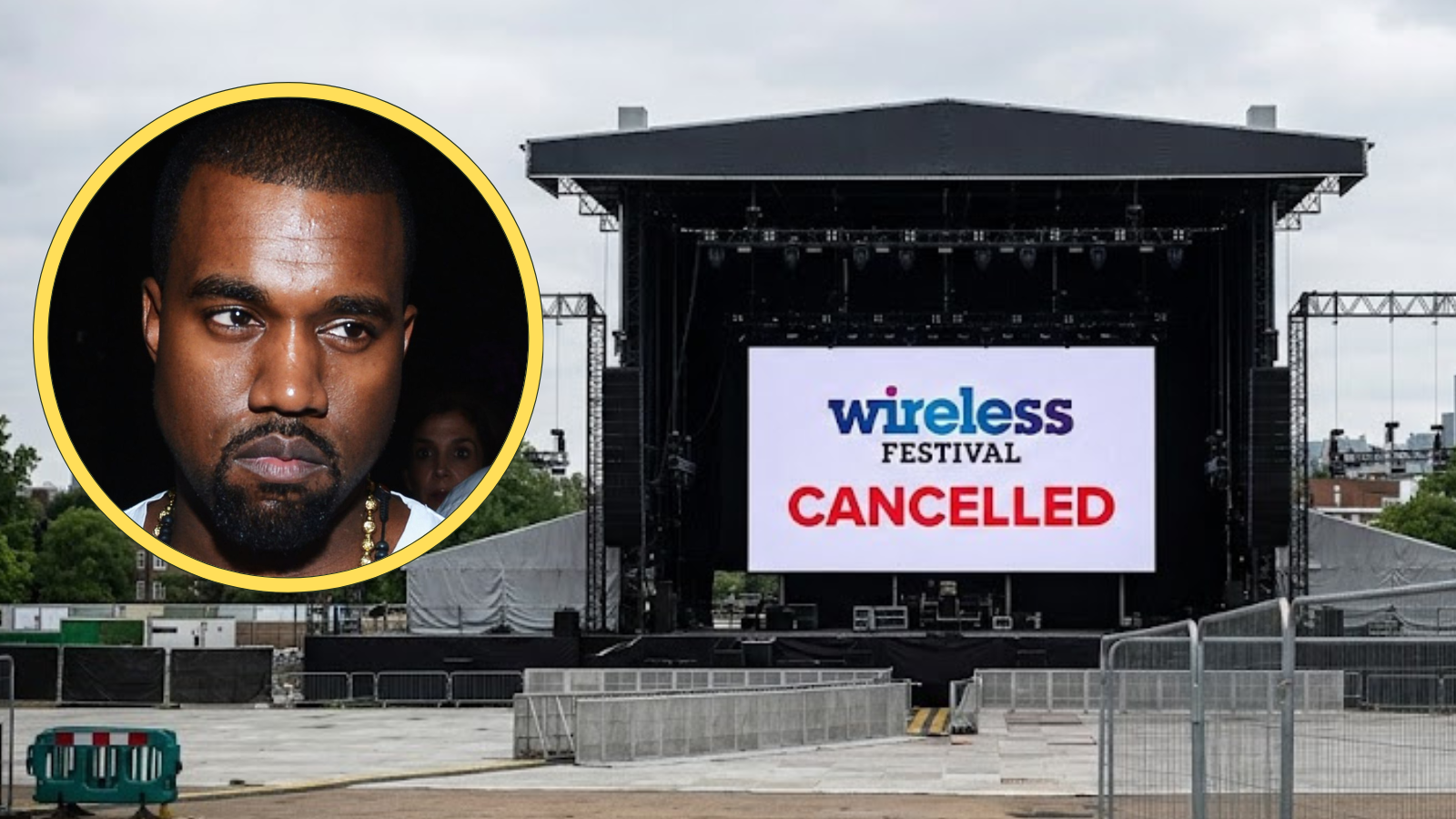 A wide-angle landscape photograph of the empty, partially disassembled main stage at Finsbury Park for Wireless Festival, with overcast London skies and a large digital screen displaying a "FESTIVAL CANCELLED" notice.