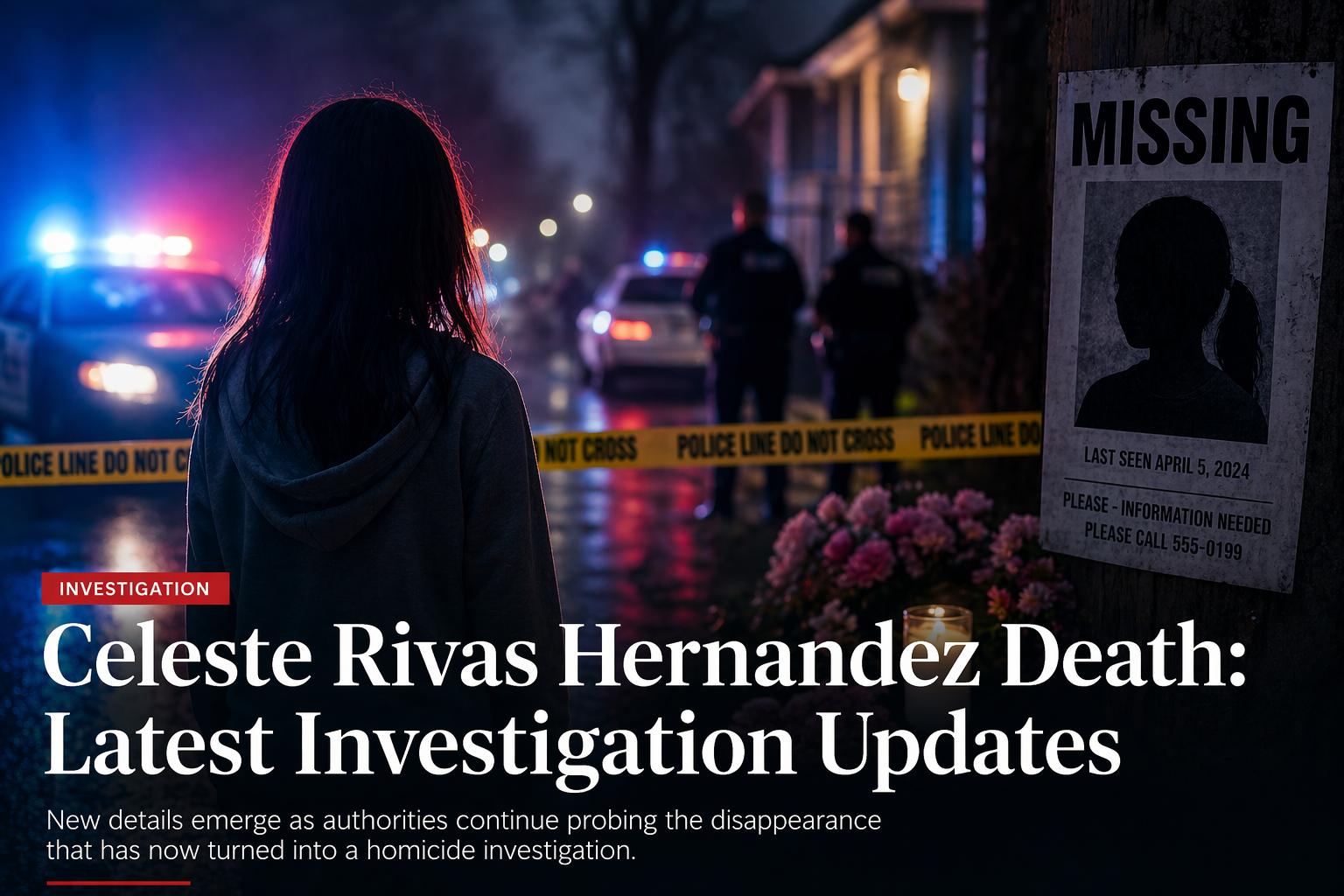 Celeste Rivas Hernandez death investigation updates showing missing person case turning into homicide investigation with police lights and news headline style graphic