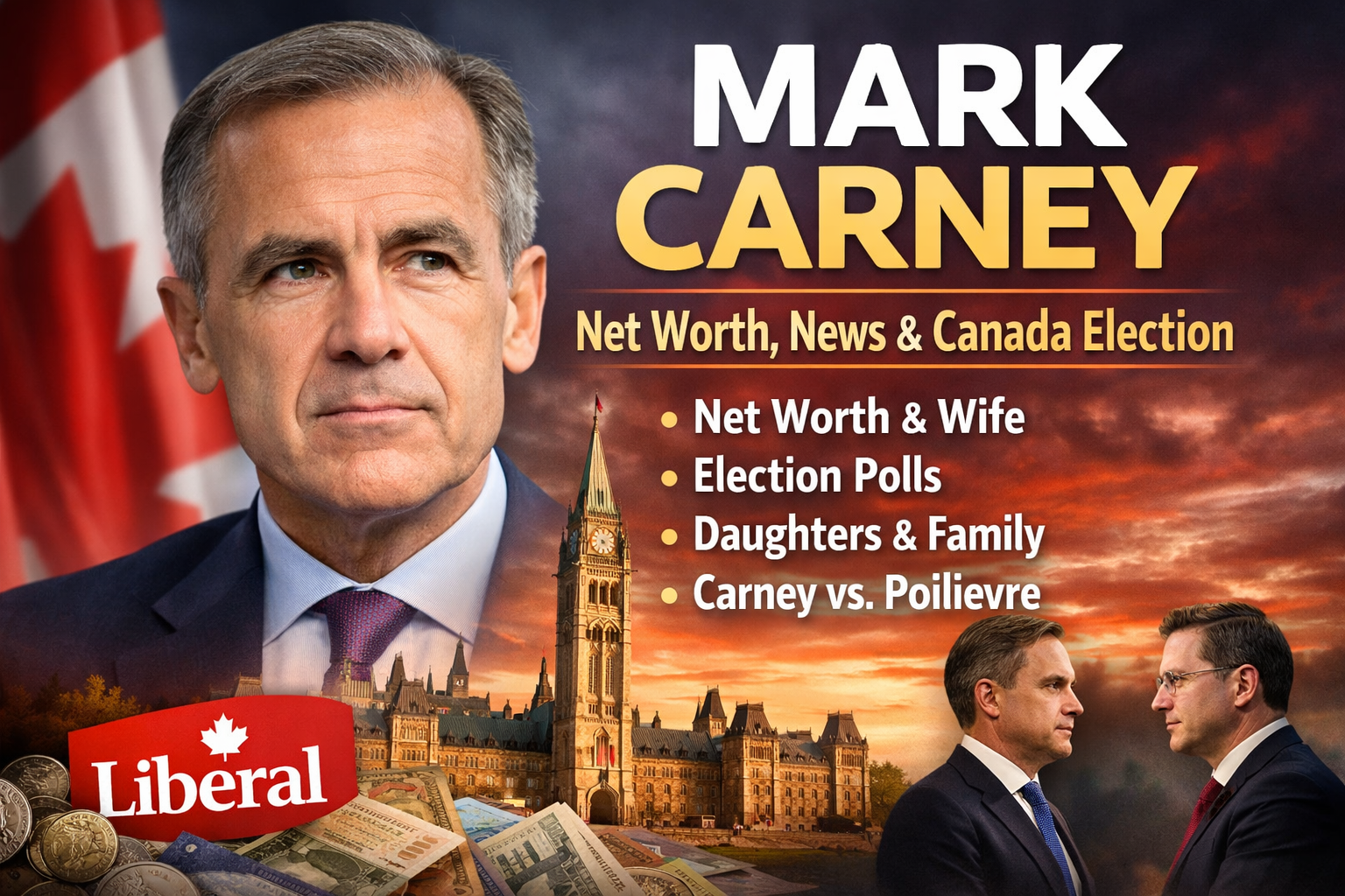 Mark Carney net worth, Canada election, wife, daughters and political comparison with Pierre Poilievre infographic