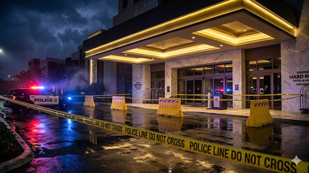 Police scene outside Seminole Hard Rock Hollywood casino valet area where rapper Offset was shot April 2026